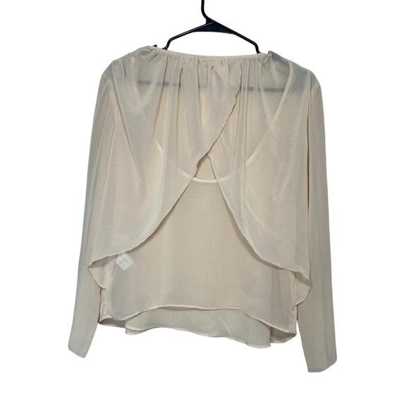 ZARA Woman Sheer Cream Crepe Long Sleeve Blouse Faux Wrap Back Ruched Flowy Med - Picture 2 of 7